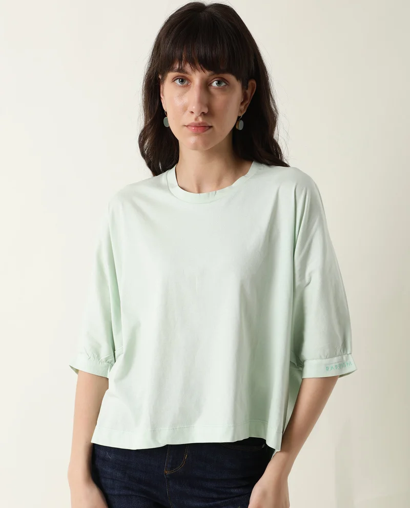 Rareism Women's Round Neck Panelled Boxy Top