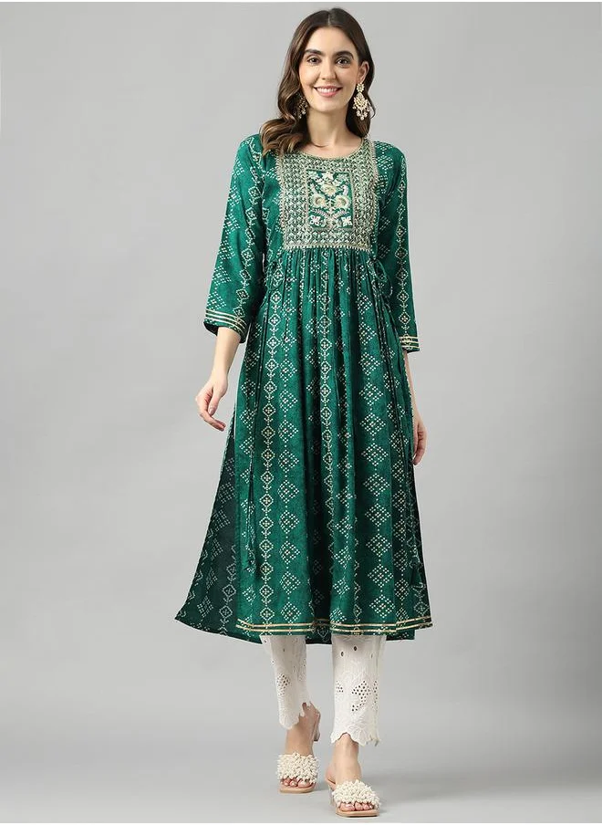 DW Printed Round Neck Embroidered A-Line Kurta by Styli