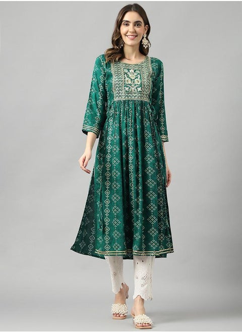 Printed Round Neck Embroidered A-Line Kurta by Styli