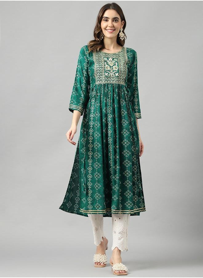 DW Printed Round Neck Embroidered A-Line Kurta by Styli  - Image 1