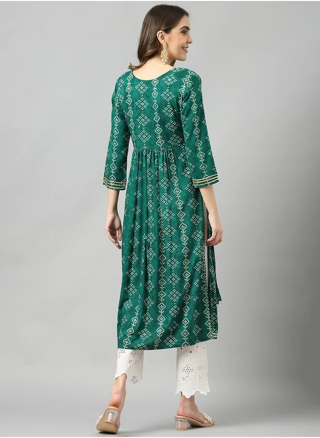 DW Printed Round Neck Embroidered A-Line Kurta by Styli