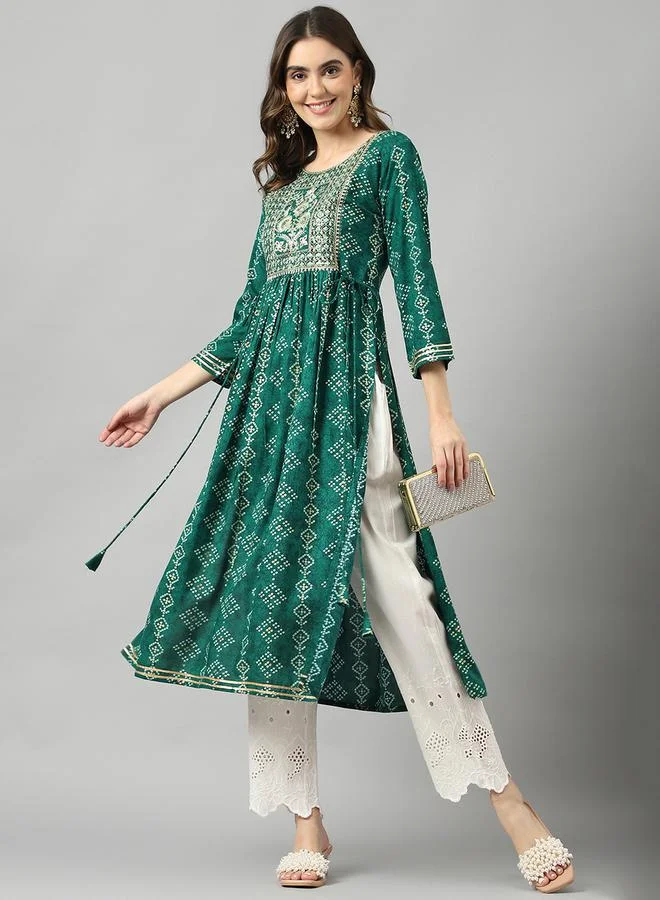DW Printed Round Neck Embroidered A-Line Kurta by Styli