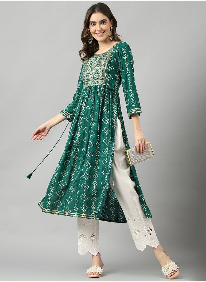 DW Printed Round Neck Embroidered A-Line Kurta by Styli  - Image 4