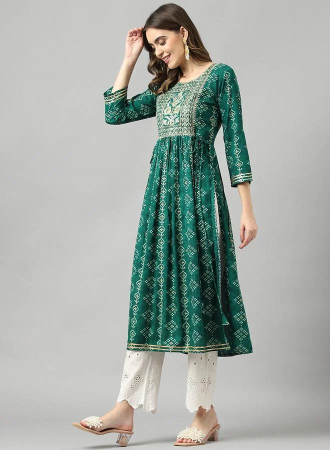 DW Printed Round Neck Embroidered A-Line Kurta by Styli