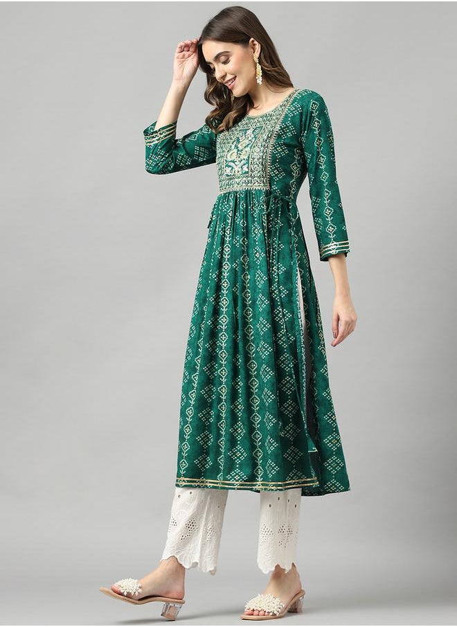 DW Printed Round Neck Embroidered A-Line Kurta by Styli  - Image 3