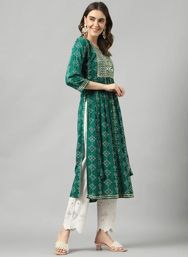 DW Printed Round Neck Embroidered A-Line Kurta by Styli