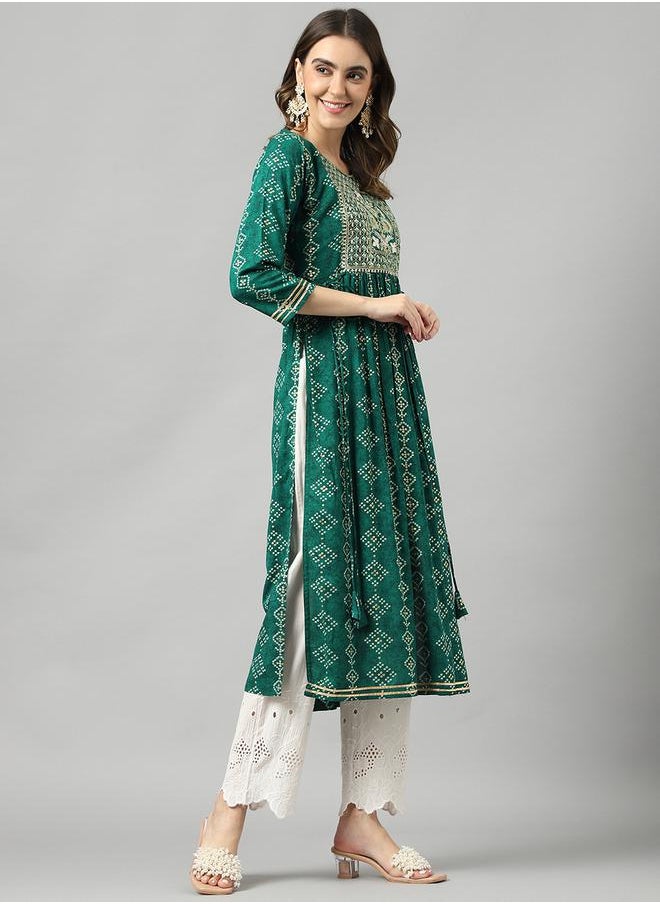 DW Printed Round Neck Embroidered A-Line Kurta by Styli  - Image 5