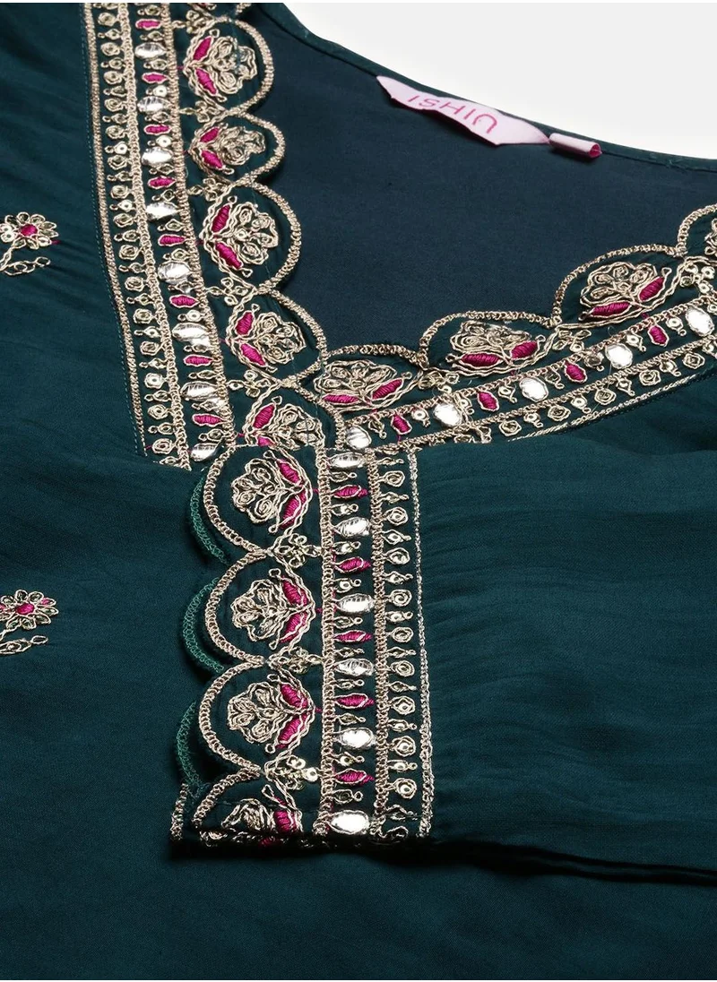 ISHIN Women Green Viscose Silk Kurta set with Dupatta