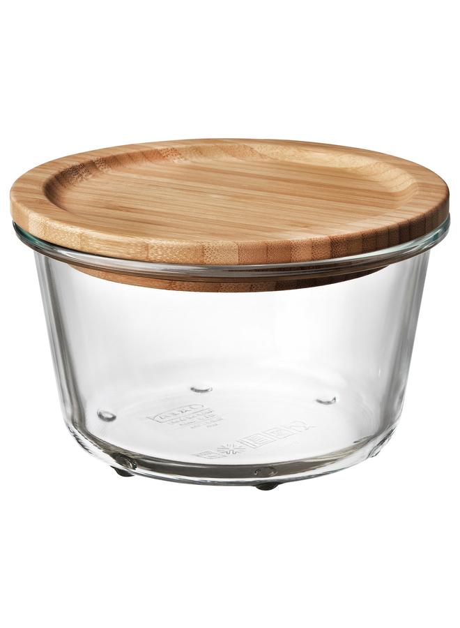 Zaboon Food Container With Lid, Round Glass/Bamboo, 600 Ml - Image 1