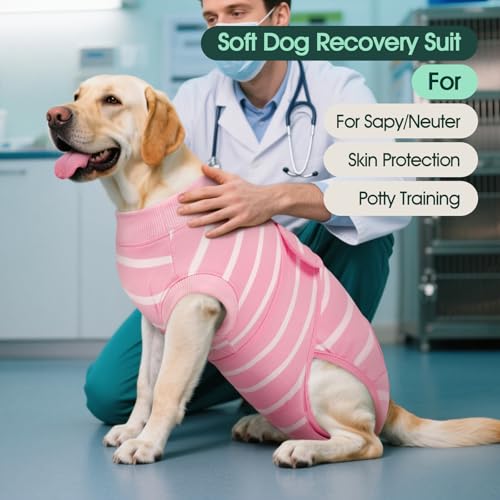 Kuoser Dog Surgery Recovery Suit Soft Breathable Dog Recovery Suit for Female Spay Male Nueuter Anti Licking Puppy Onesie Pet Surgical Suit for Dogs Abdominal Wounds Skin Disease Pink Strips XS - Image 3