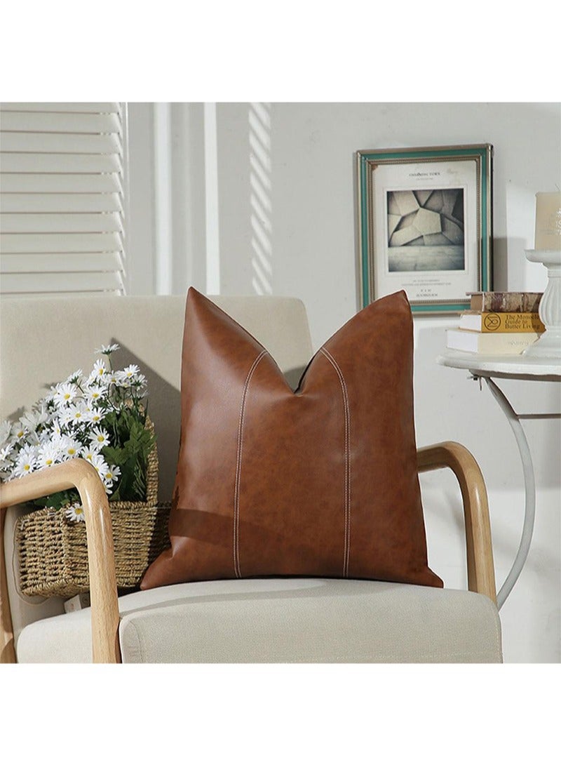 ايكانبو غطاء وسادة مزخرف من الجلد الصناعي المقاوم للماء باللون البني مقاس 45×45 سم، مناسب للأريكة الخارجية، غطاء وسادة مربع مخيط يدويًا (بني غامق، بدون قلب الوسادة) - Image 2