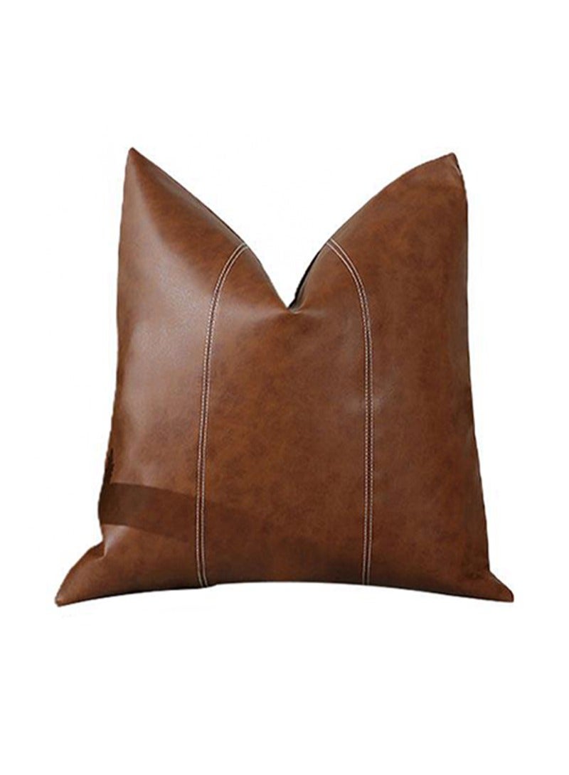 ايكانبو غطاء وسادة مزخرف من الجلد الصناعي المقاوم للماء باللون البني مقاس 45×45 سم، مناسب للأريكة الخارجية، غطاء وسادة مربع مخيط يدويًا (بني غامق، بدون قلب الوسادة) - Image 1