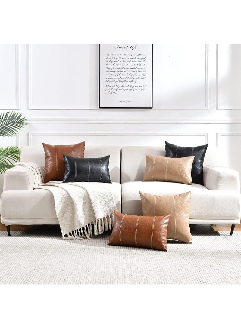 ايكانبو غطاء وسادة مزخرف من الجلد الصناعي المقاوم للماء باللون البني مقاس 45×45 سم، مناسب للأريكة الخارجية، غطاء وسادة مربع مخيط يدويًا (بني غامق، بدون قلب الوسادة) - Image 4