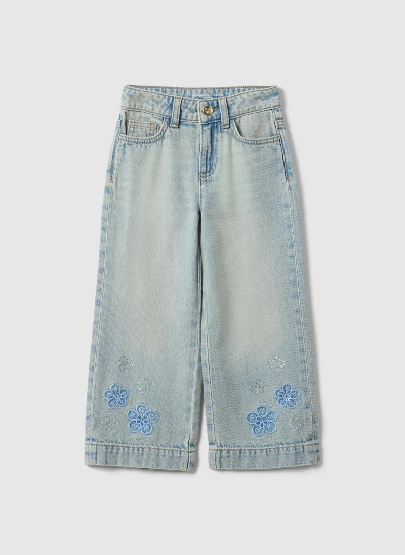 او في اس Ovs Girl'S Regular Fit Light Blue Denim Cotton Jeans With Embroidery