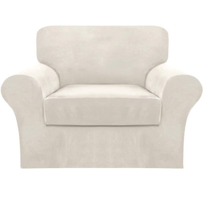 FantasDecor 2 Piece Chair Sofa Covers Velvet for Living Room Slipcovers with Individual Cushion Elastic Furniture Protector for Pets Machine Washable Armchair Ivory