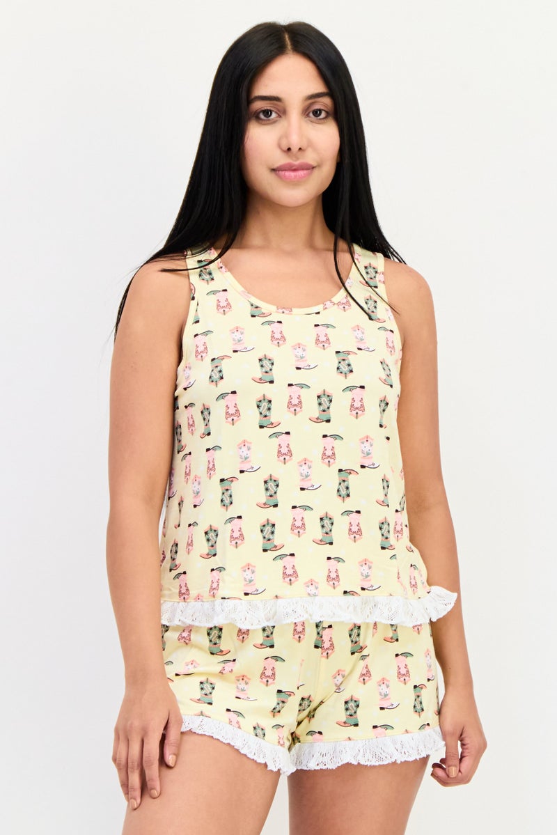 PJ Couture طقم نوم نسائي مكون من 2 قطعة بتصميم مطبوع بالكامل، قميص بدون أكمام وشورت، متعدد الألوان - Image 1