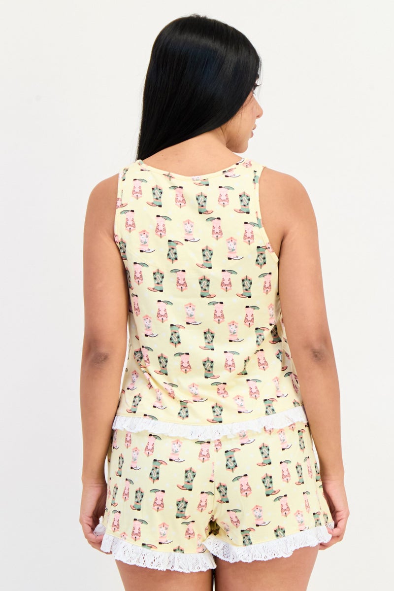 PJ Couture طقم نوم نسائي مكون من 2 قطعة بتصميم مطبوع بالكامل، قميص بدون أكمام وشورت، متعدد الألوان - Image 3