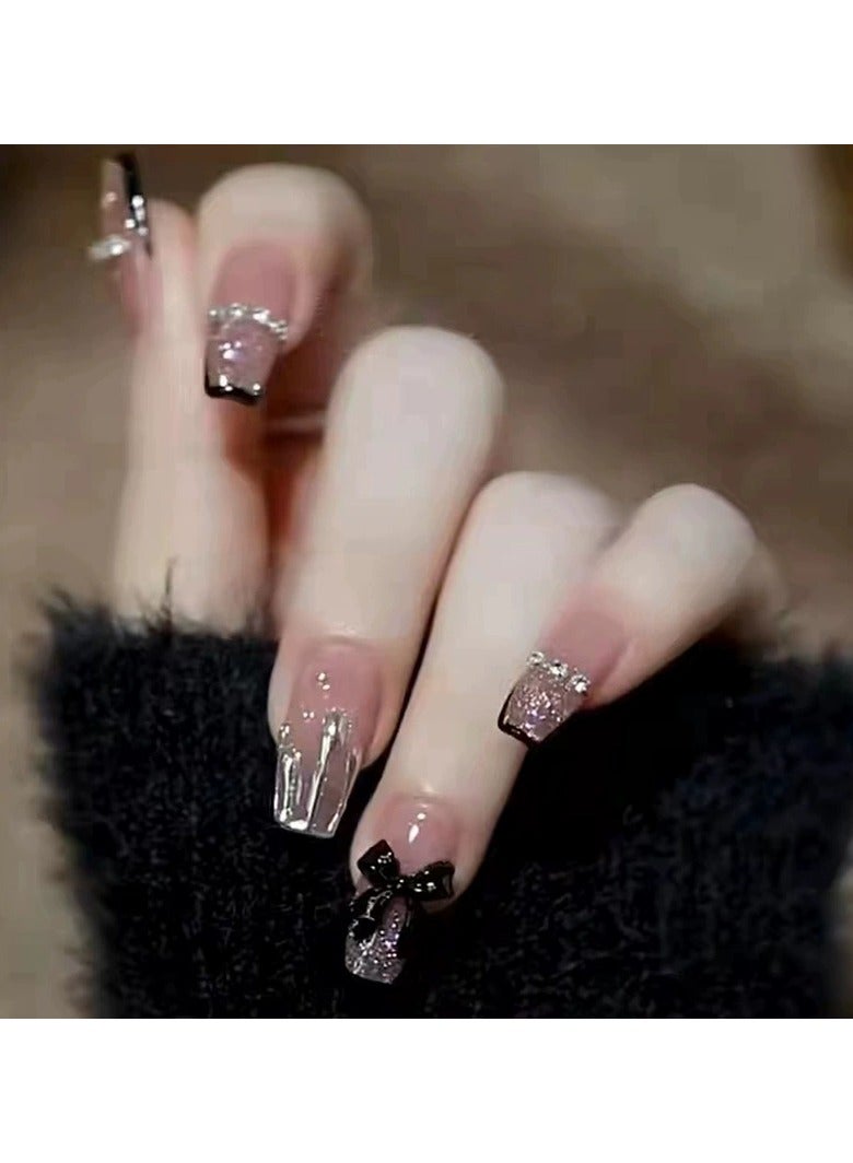 Goolsky Elegant Ballerina Press On Nails Black Butterfly Rhinestone Fake Nail Tips Trendy Glossy Finish  - Image 2