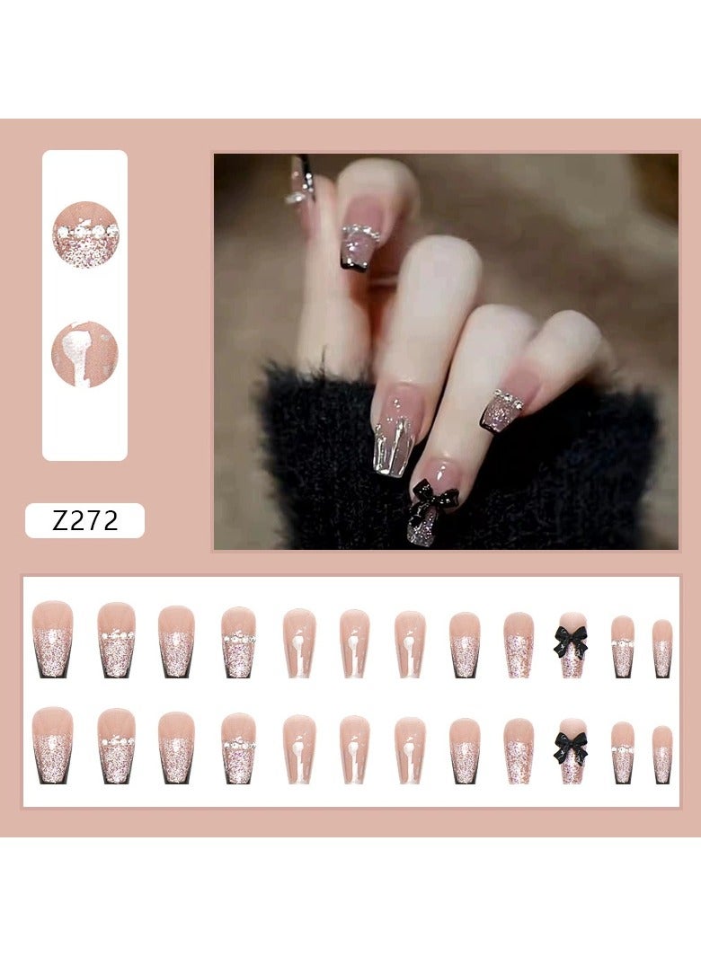 Goolsky Elegant Ballerina Press On Nails Black Butterfly Rhinestone Fake Nail Tips Trendy Glossy Finish  - Image 1