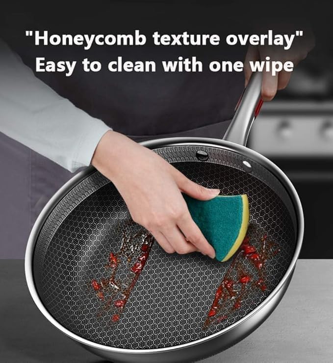 TRADY Stainless Steel TriPly Frying Pan with Long Handle Honeycomb NonStick Pan Stay Cool Dishwasher and Oven Safe Suitable for All Hob Types for Cooking Frying Serving Sliver - Image 4