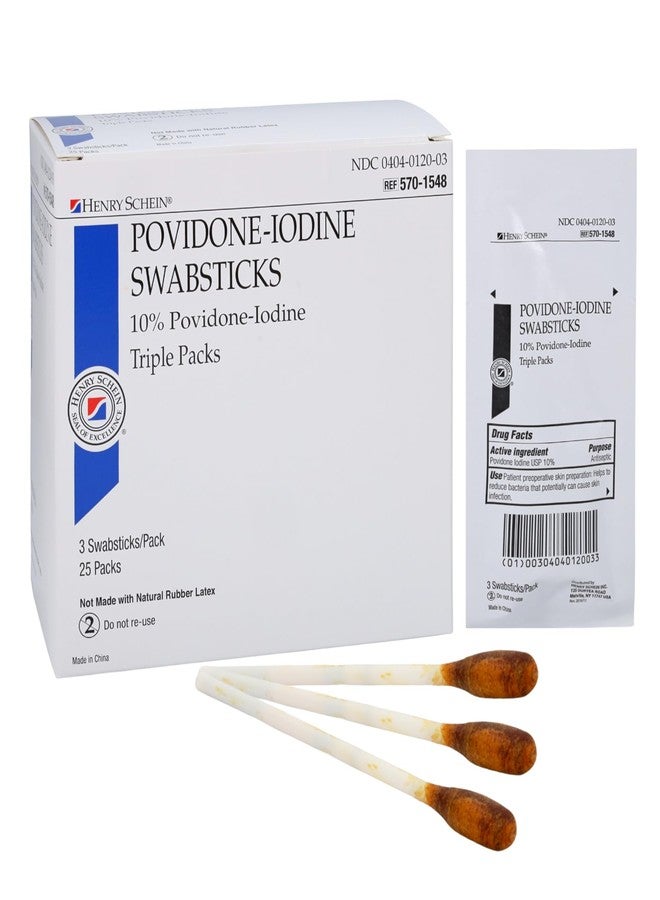 Henry Schein Prep Povidone-Iodine Swabsticks 3's, Individually Packed, Sterile, Antiseptic for Skin Preparation, 10% Povidone-Iodine- 25/BX - Image 1