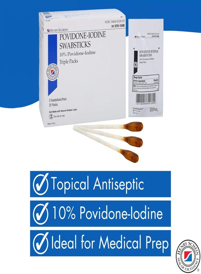 Henry Schein Prep Povidone-Iodine Swabsticks 3's, Individually Packed, Sterile, Antiseptic for Skin Preparation, 10% Povidone-Iodine- 25/BX - Image 3