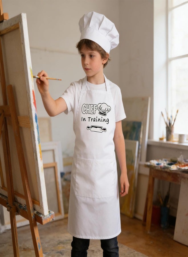 Bouiexye Kids Apron and Chef Hat Set Adjustable Child Aprons with 2 Large Pockets for Girls Boys Cooking Baking Painting Gift (White) - Image 4