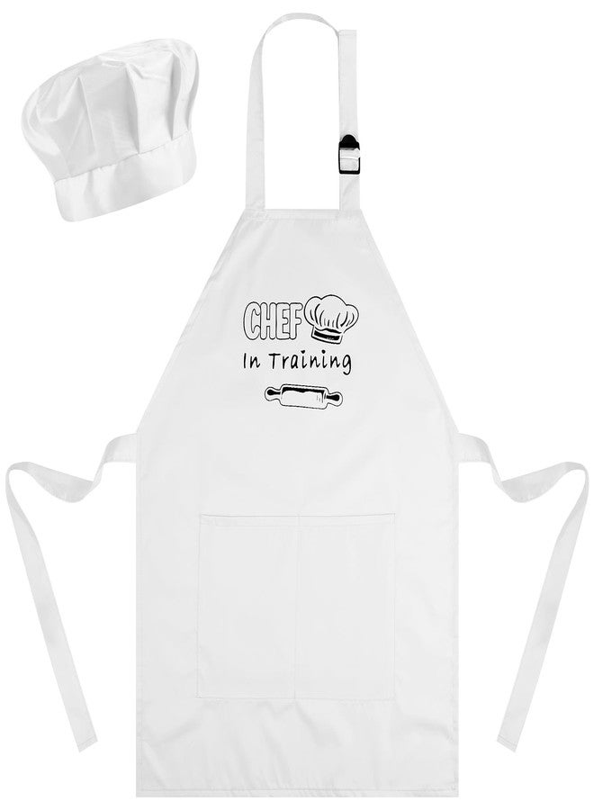 Bouiexye Kids Apron and Chef Hat Set Adjustable Child Aprons with 2 Large Pockets for Girls Boys Cooking Baking Painting Gift (White) - Image 1