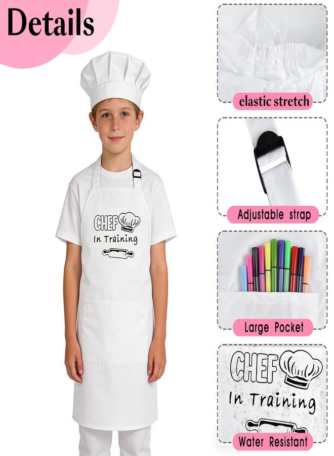 Bouiexye Kids Apron and Chef Hat Set Adjustable Child Aprons with 2 Large Pockets for Girls Boys Cooking Baking Painting Gift (White) - Image 3