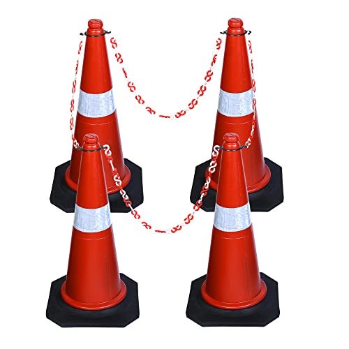 ABS INDUSTRY Safety Cones 4 Cones with 4 Meters S Hook Safety Chain and 4 Hooks Multipurpose PVC Plastic Traffic Safety Cone with Black Rubber Weighted Base and Highly Visible Reflective Collar - Image 1