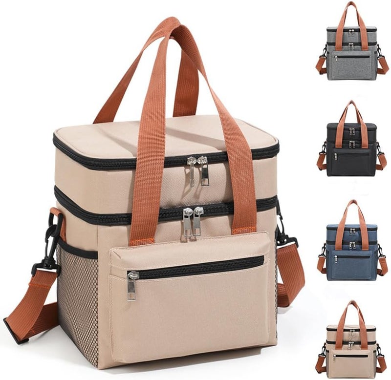 IraXpro Double Layer Insulated Lunch Bag, Portable Cooler Tote Bag for Men Women Adult, Leak and Waterproof, Double Deck Cooler Lunch Box Bag, for Office,Picnic (Khaki) - Image 1