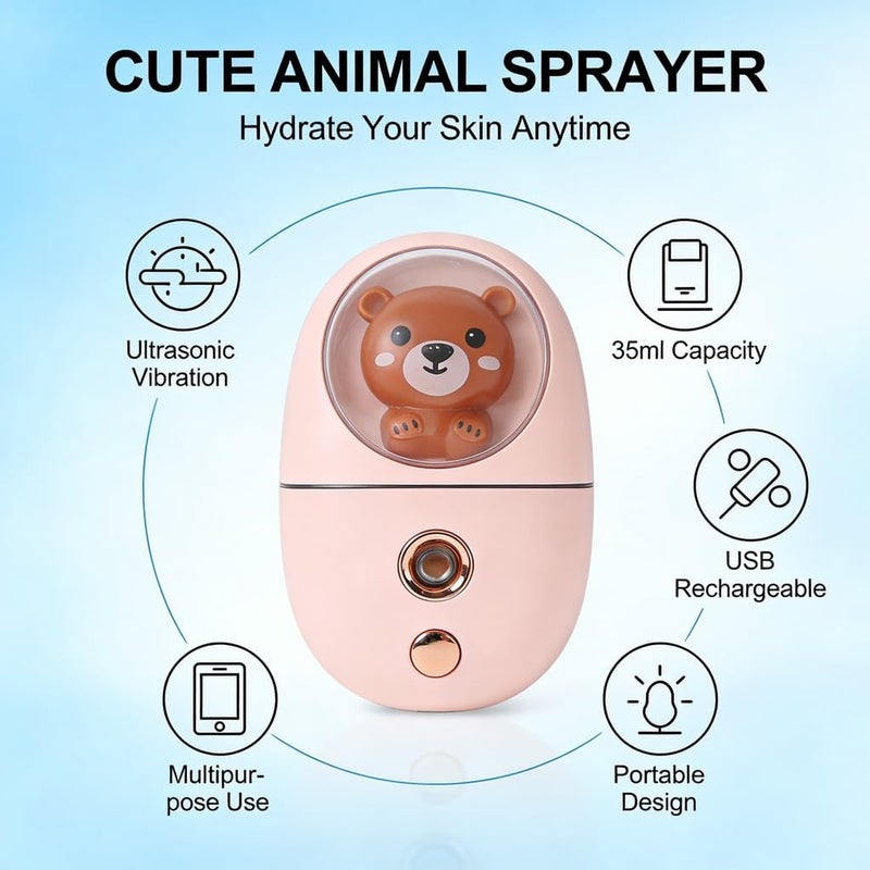 Cute Animal Mini Facial Mist Sprayer, USB Rechargeable, 35ml Capacity - Deep Hydration, Ultrasonic Vibration Technology, Travel and Daily Use,face Steamer,mini humidifier (Roseate) - Image 5