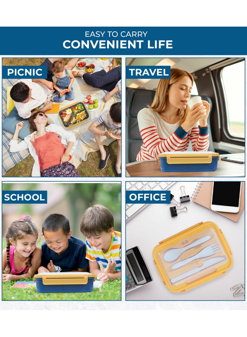 MIZAJIC Bento Lunch Box for Kids and Adults Leakproof 3-Compartment Food Container 1100ml Ideal Portion Size with Reusable Spoon and Fork Microwave, Dishwasher and Freezer Safe - Image 3