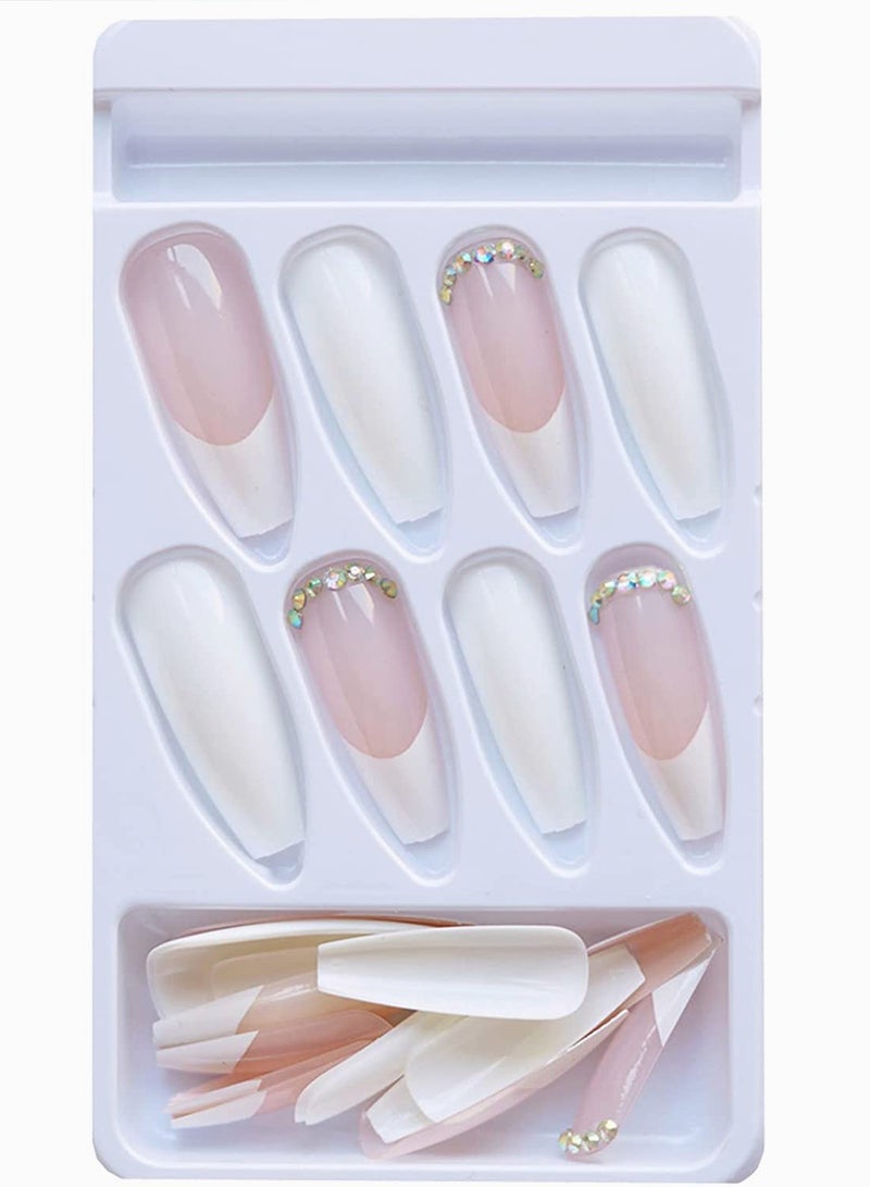 SOLARAE Nail Tips, Press on Nails Long Fake Nais Acrylic Ballet French 3D Rhinestones 24 Pcs - Image 3