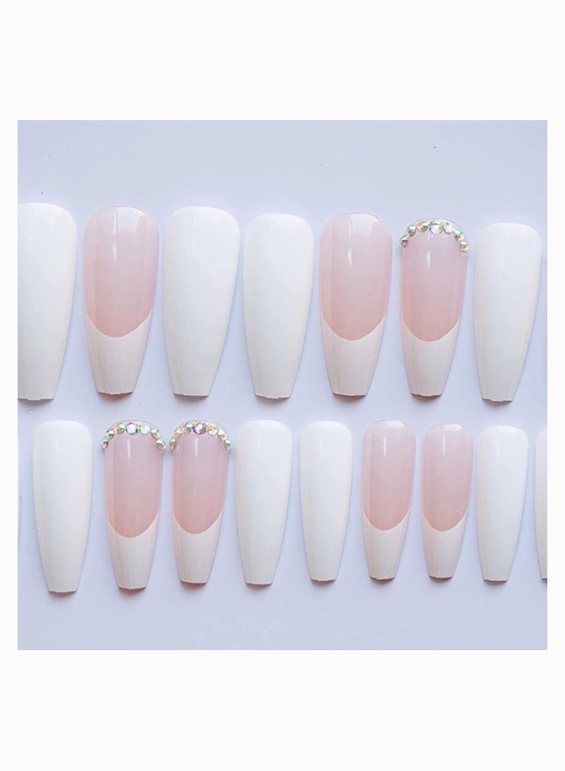SOLARAE Nail Tips, Press on Nails Long Fake Nais Acrylic Ballet French 3D Rhinestones 24 Pcs - Image 2
