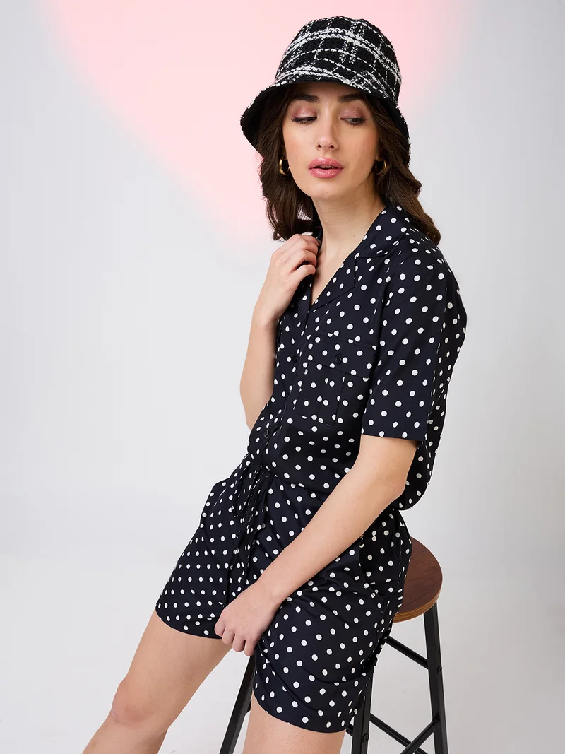globus Globus Women Polka Dots Notched Lapel Waist Tie-Ups Front Pockets Utility Playsuit