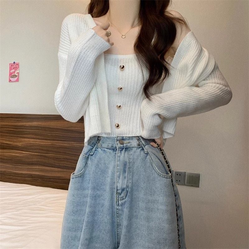 Gentle Style Long-sleeved Knitted Cardigan Coat Womens Autumn and Winter Sling Shawl Two-piece Suit Small Short Top White - Image 1