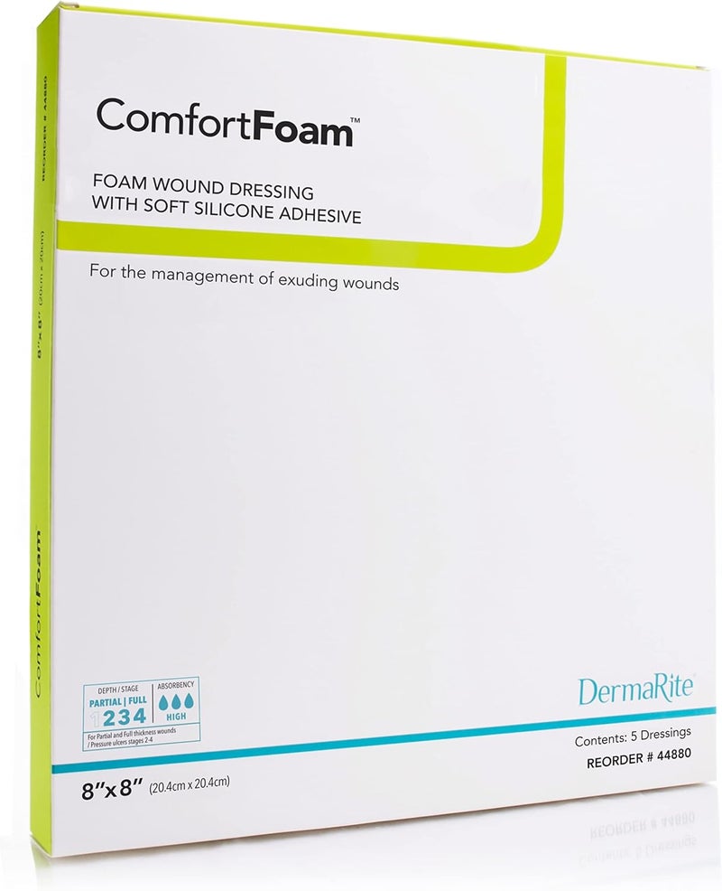 dermarite ComfortFoam Foam Wound Dressing 8 x 8 5 Pack Soft Silicone Adhesive Highly Absorbent SelfAdherent Flexible Cut to Fit - Image 1