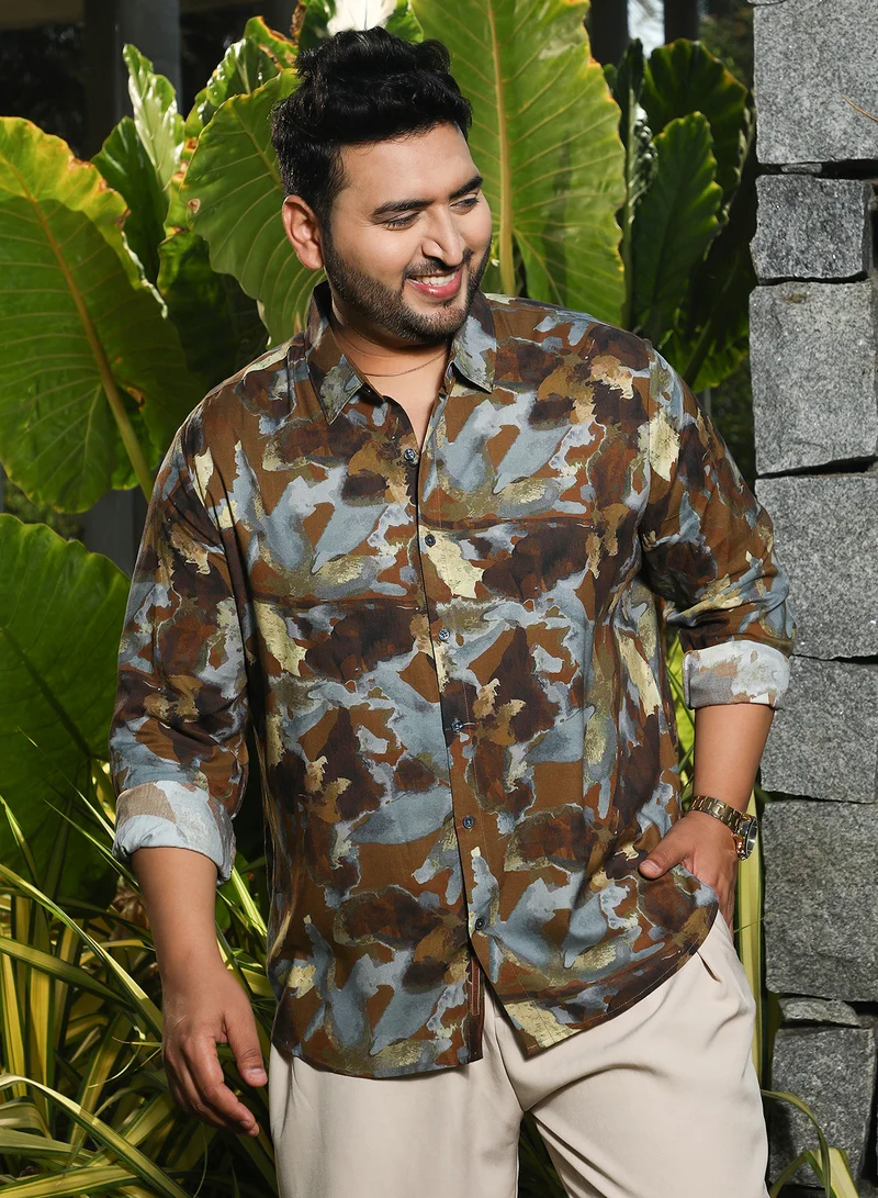 Instafab Plus Instafab Plus Men's Mocha Brown & Moon Grey Blurred-Imprint Shirt For Casual Wear | Spread Collar | Long Cuffed Sleeves | Button Closure | Plus Size Shirt Crafted With Comfort Fit For Everyday Wear