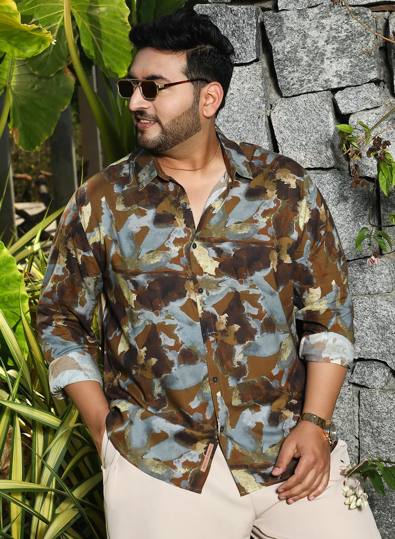 Instafab Plus Instafab Plus Men's Mocha Brown & Moon Grey Blurred-Imprint Shirt For Casual Wear | Spread Collar | Long Cuffed Sleeves | Button Closure | Plus Size Shirt Crafted With Comfort Fit For Everyday Wear