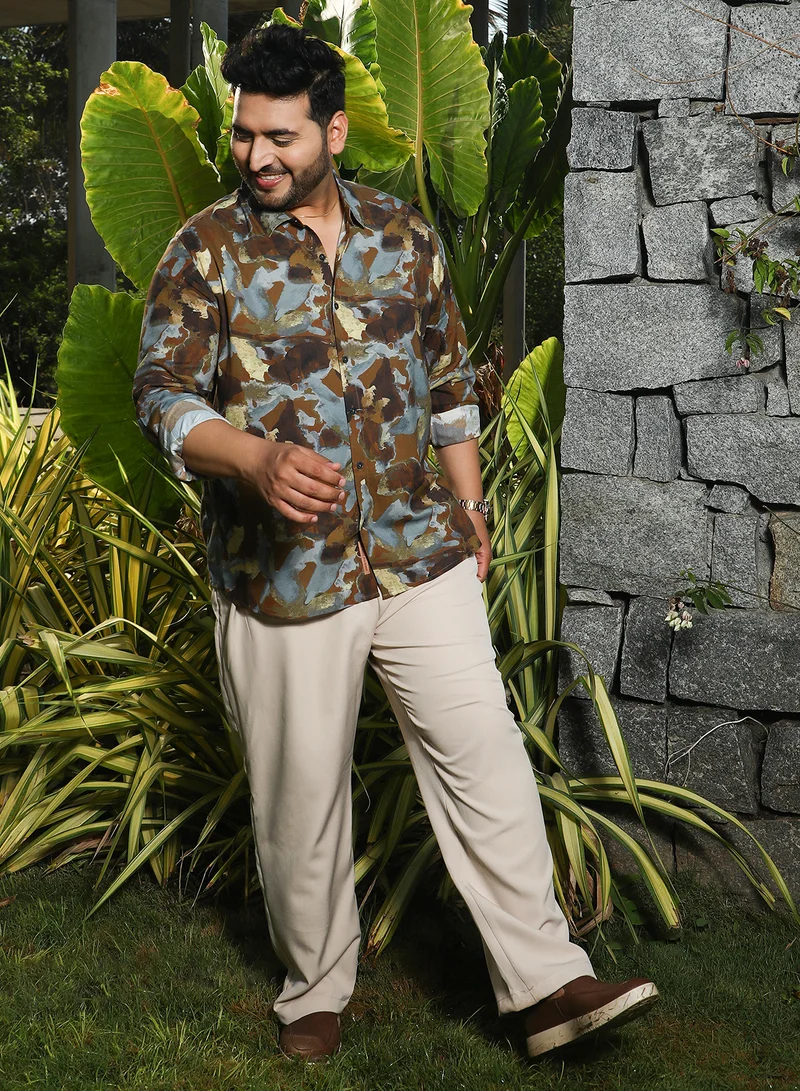 Instafab Plus  Instafab Plus Men's Mocha Brown & Moon Grey Blurred-Imprint Shirt For Casual Wear | Spread Collar | Long Cuffed Sleeves | Button Closure | Plus Size Shirt Crafted With Comfort Fit For Everyday Wear for Men | Best Price UAE