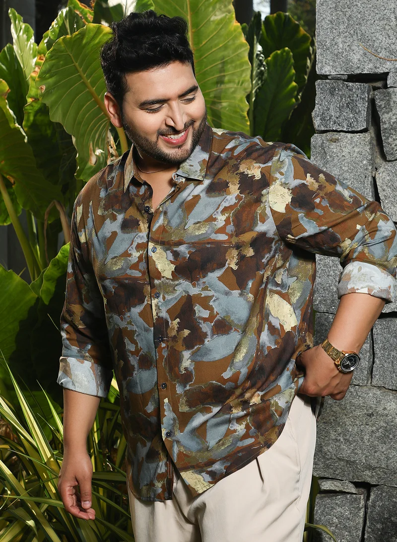 Instafab Plus  Instafab Plus Men's Mocha Brown & Moon Grey Blurred-Imprint Shirt For Casual Wear | Spread Collar | Long Cuffed Sleeves | Button Closure | Plus Size Shirt Crafted With Comfort Fit For Everyday Wear for Men | Best Price UAE