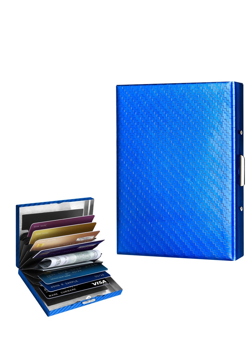 T NEWFUN Textured Stainless Steel RFID Card Holder – Anti-Slip Etched Metal Credit Card Case– Slim Wallet for Men & Women (Blue)  - Image 1