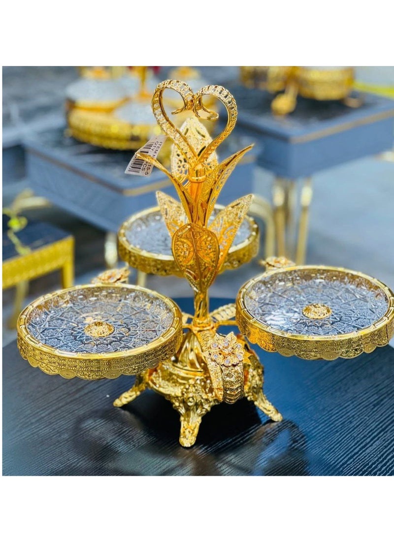 Cake/biscuit/fruit rack Crystal glass rack in gold metal 3 rotating fan plates Modern and attractive shape - Image 1