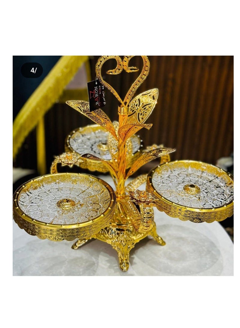 Cake/biscuit/fruit rack Crystal glass rack in gold metal 3 rotating fan plates Modern and attractive shape - Image 4