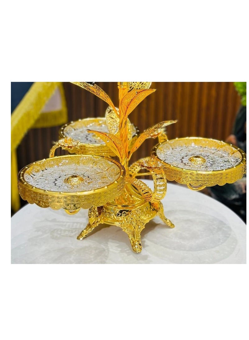 Cake/biscuit/fruit rack Crystal glass rack in gold metal 3 rotating fan plates Modern and attractive shape - Image 2