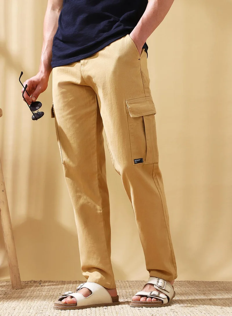 Dennis Lingo Men's Khaki Cotton Blend Solid Full Length Cargo Straight Trouser