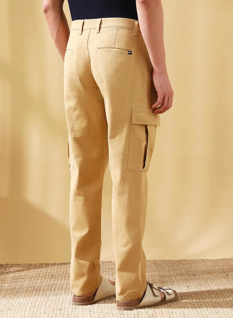 Dennis Lingo Men's Khaki Cotton Blend Solid Full Length Cargo Straight Trouser