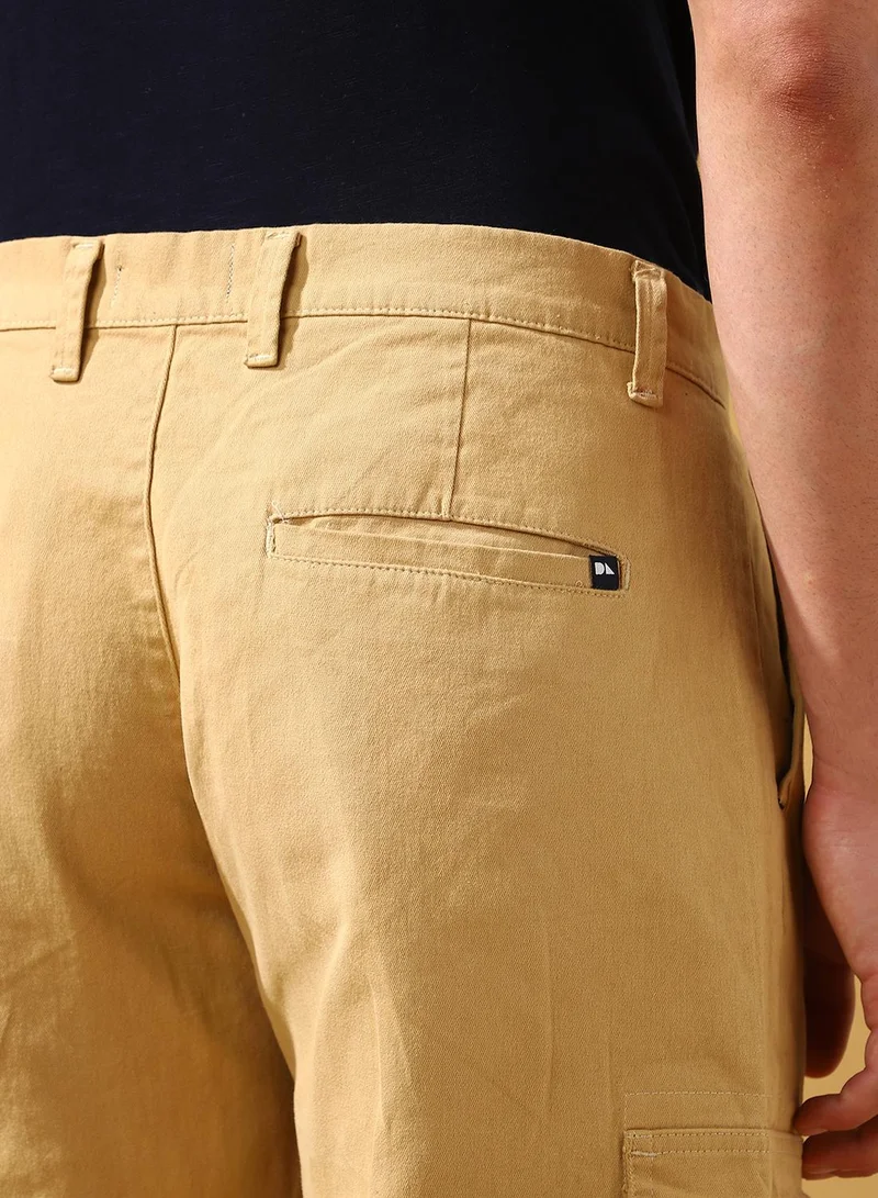 Dennis Lingo Men's Khaki Cotton Blend Solid Full Length Cargo Straight Trouser