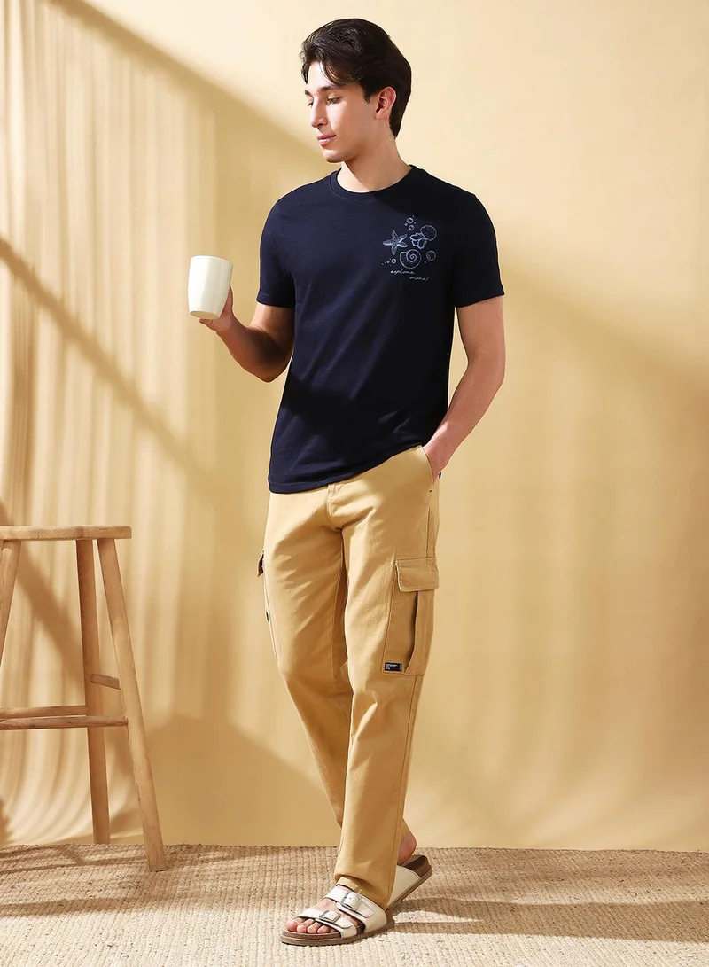 Dennis Lingo Men's Khaki Cotton Blend Solid Full Length Cargo Straight Trouser
